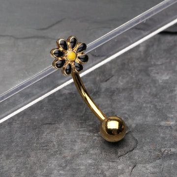 Detail View 1 of Golden Dainty Adorable Daisy Curved Barbell Ring-Black/Yellow